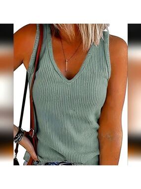 TRÏBE FASHIONS Sleeveless V Neck Green Ribbed Tank Top Size XL NWT